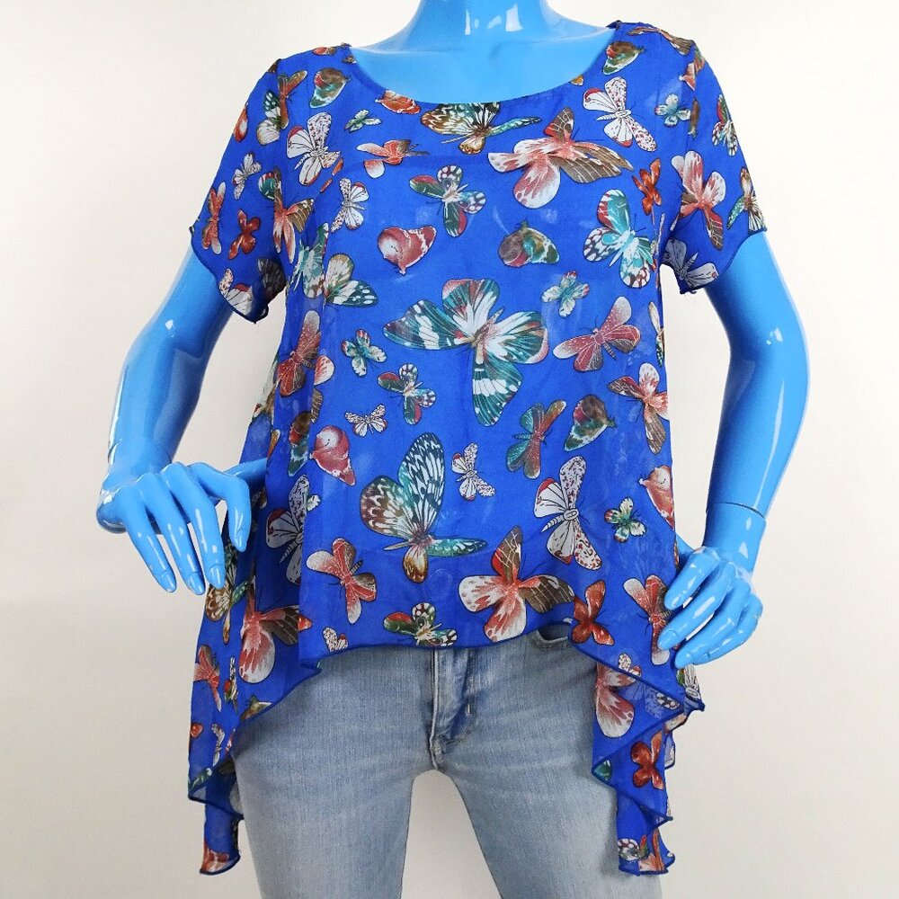 Dorothy USA Semi Sheer Butterfly Top Blouse Hanky Hem M 8 10 Georgette Short Sle